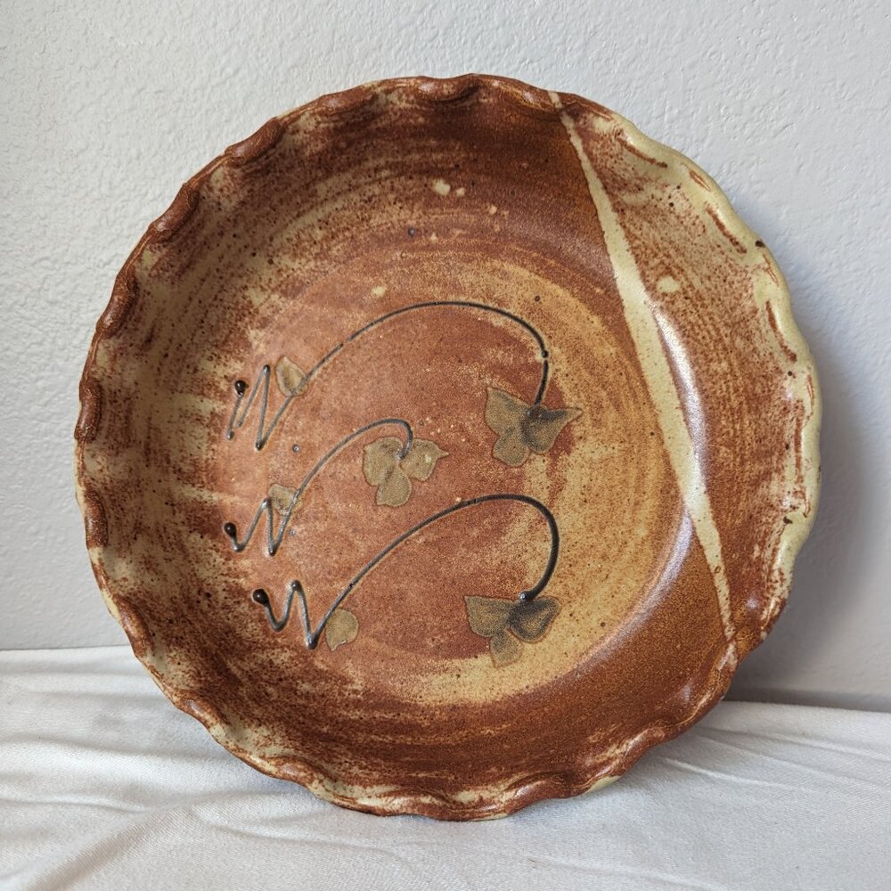 Studio Art Pottery Rustic Pie Tart Plate Dish Ruffled Fluted Edge Signed